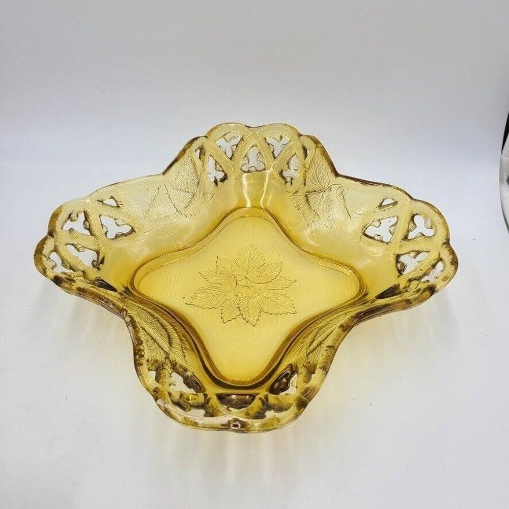 Vintage Art Glass Amber Harvest Gold Dish Scalloped Rose Embossed 11.5"
